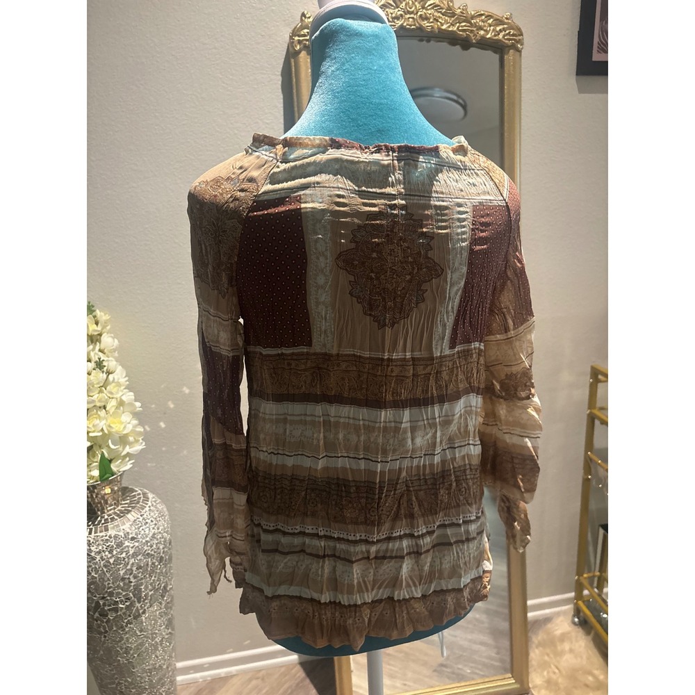 Boho Patchwork‎ Print Tie Front Cardigan Brown Paisley Bell Sleeve Top - Picture 4 of 4